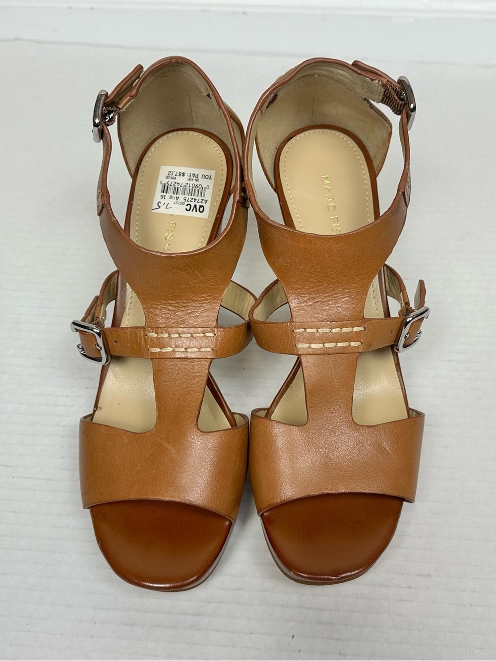 Marc Fisher Tan/Cognac Leather T-Strap Platform High Heel Sandals – Size 7.5M